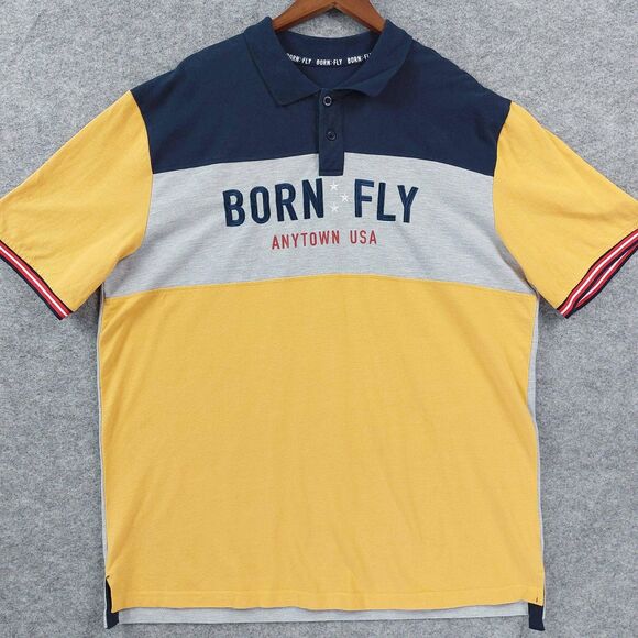 Born Fly Polo Shirt Mens XL Anytown USA Colorblock Yellow Navy Blue Extra Large - Picture 1 of 8